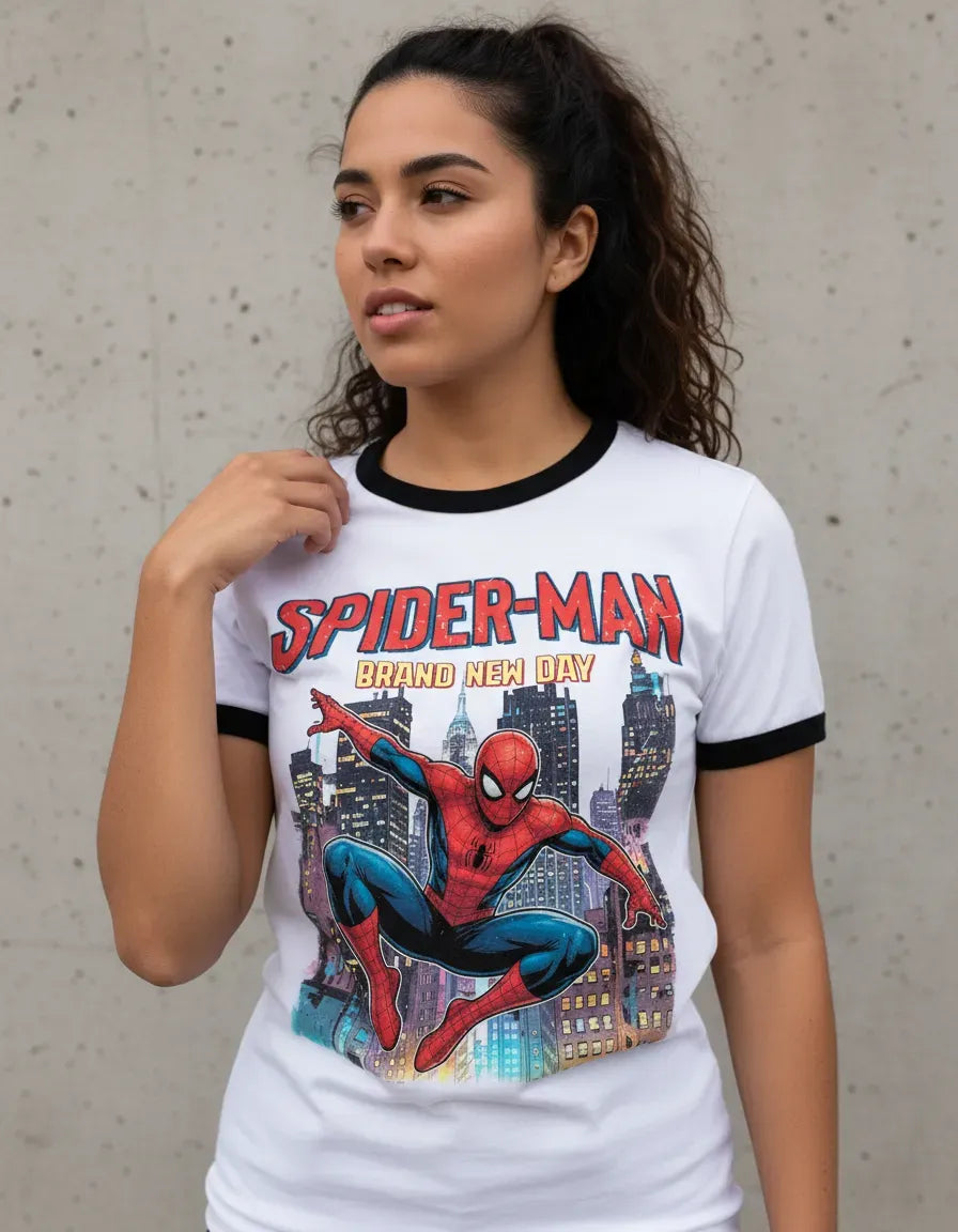 Modelo usando la camiseta ringer de Spider-Man Brand New Day en un outfit de estilo universitario retro