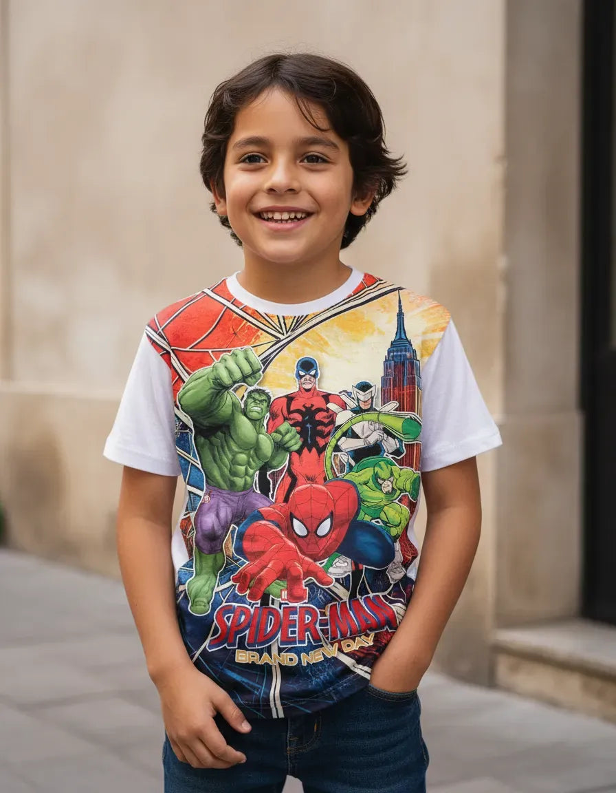 Niño usando de forma casual la camiseta de Spider-Man 2026 Kids, mostrando un look cómodo y divertido para el juego diario