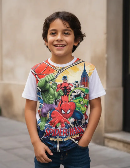 Niño usando de forma casual la camiseta de Spider-Man 2026 Kids, mostrando un look cómodo y divertido para el juego diario