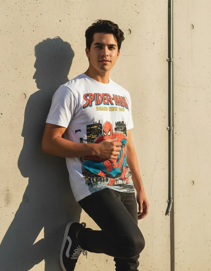 Modelo usando de forma casual la camiseta del Hombre Araña Nuevo Día, mostrando un outfit streetwear urbano y de estilo geek.