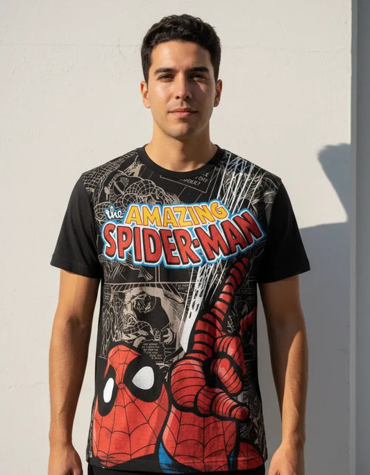 Modelo luciendo la Camiseta Spiderman Lanzatelarañas Asombrosa en un outfit urbano streetwear.