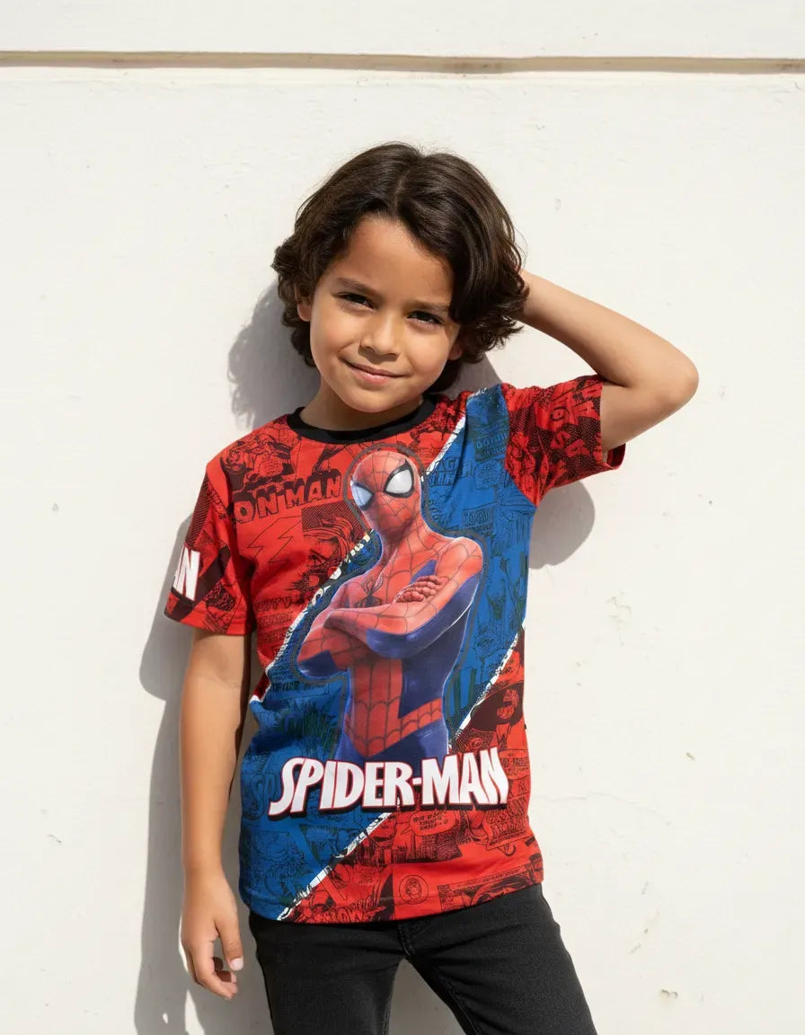 niño usando de forma casual la camiseta de Spider Peter Parker en un outfit urbano de estilo streetwear