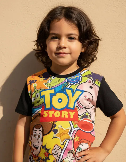 Niño usando la camiseta de Toy Story Disney Comics de forma casual, mostrando un look moderno, urbano y cómodo para el día a día
