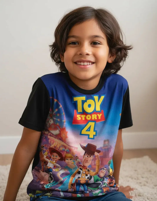 Niño vistiendo de forma casual la camiseta de Toy Story 4 Disney, mostrando un outfit urbano, cómodo y fresco para el juego diario