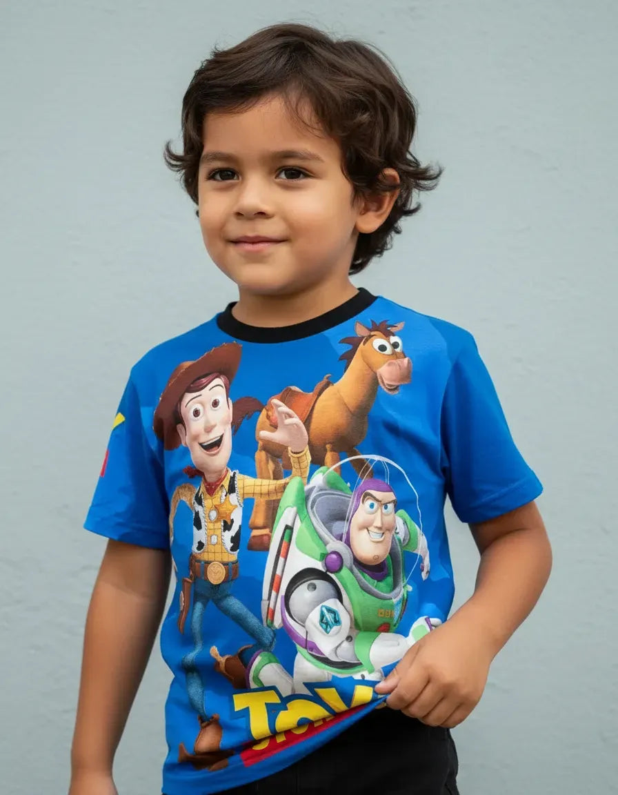 Niño usando de forma casual la camiseta de Toy Story Amigos en una fiesta infantil, luciendo un look cómodo, fresco y moderno