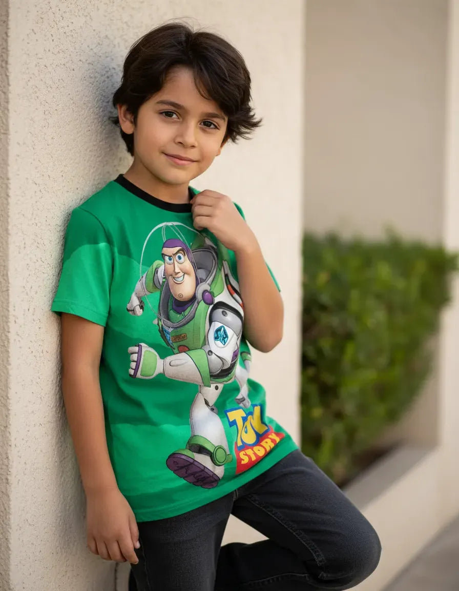 Niño luciendo de forma casual la camiseta de Buzz Lightyear de Toy Story Disney, mostrando un outfit cómodo, fresco y moderno para el juego diario