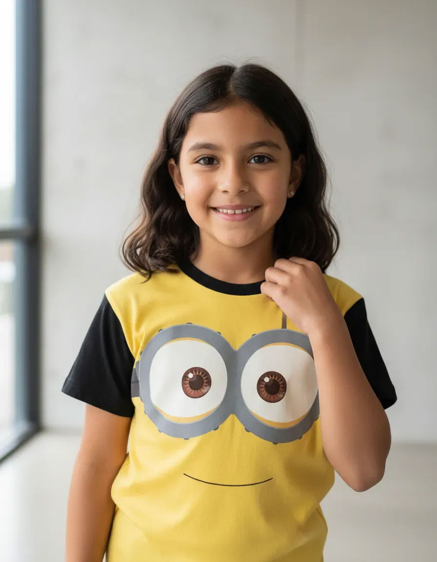 Niña luciendo de forma casual la camiseta con la carita de los Minions, mostrando un outfit cómodo, moderno y fresco para el juego diario