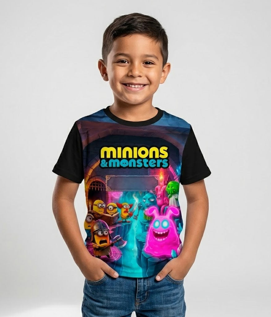 Niño vistiendo de forma casual la camiseta de la pandilla de Minions y Monstruos, luciendo un outfit moderno, cómodo y fresco para el juego diario