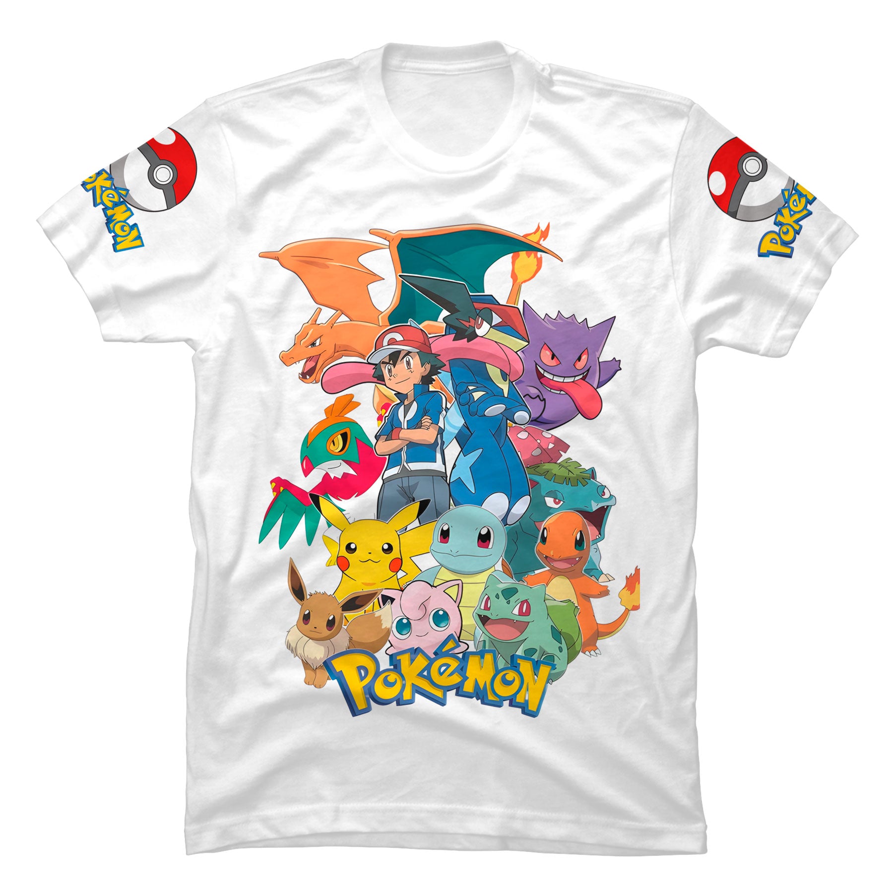 Camiseta blanca estampada de Pokémon Amigos con Pikachu y personajes de anime para niños y adultos.