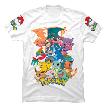 Camiseta blanca estampada de Pokémon Amigos con Pikachu y personajes de anime para niños y adultos.