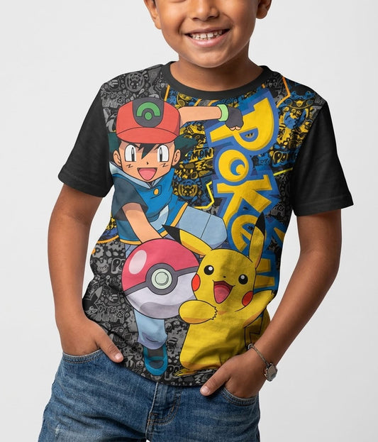 niño con Camiseta negra de Pokémon con diseño de Ash y Pikachu en alta definición, tela piel de durazno