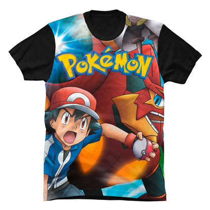 Primer plano del estampado en alta definición de Ash Ketchum sobre tela premium piel de durazno