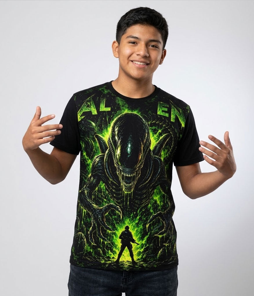 Modelo luciendo la Camiseta Aliens Xenomorfo en un outfit urbano streetwear.