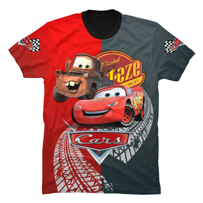 Camiseta negra de algodón para niños con el diseño gráfico de los personajes Rayo y Mate de la película Cars