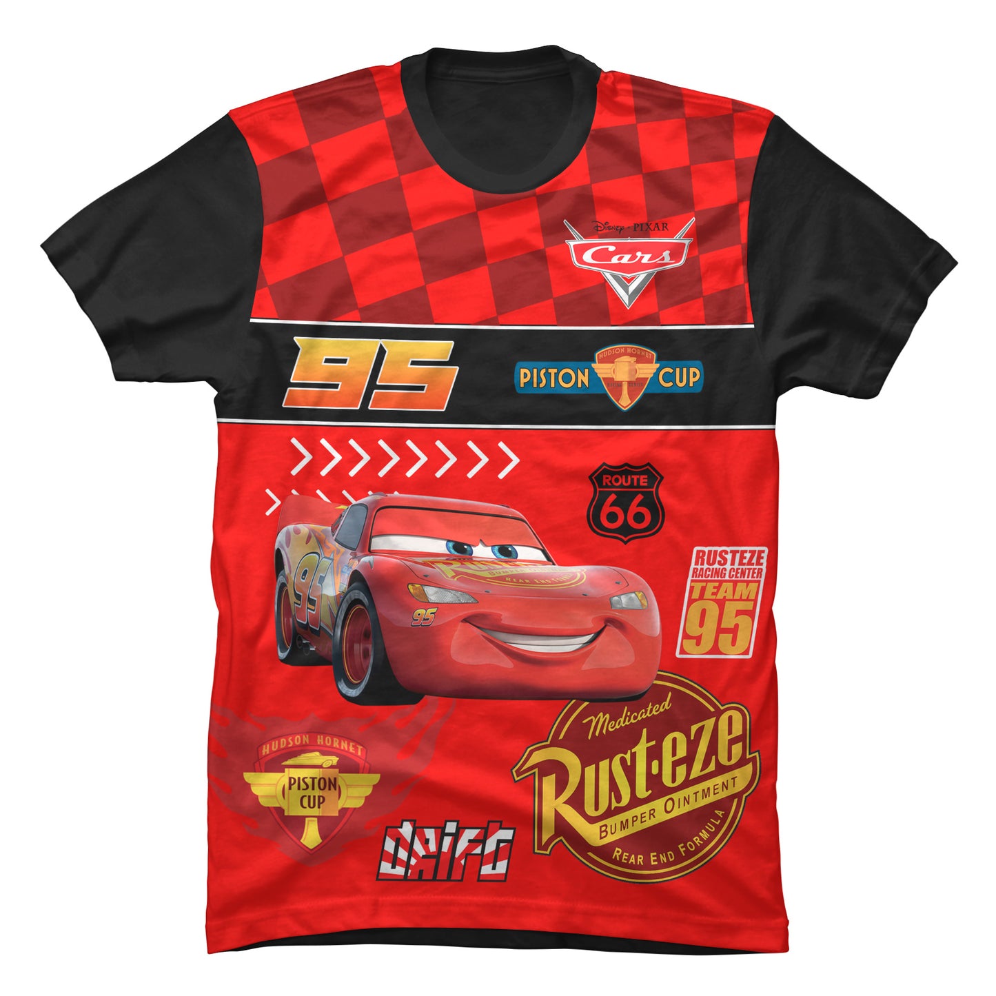 Camiseta negra de algodón para niños con el diseño gráfico central del auto de carreras Rayo McQueen de la película Cars