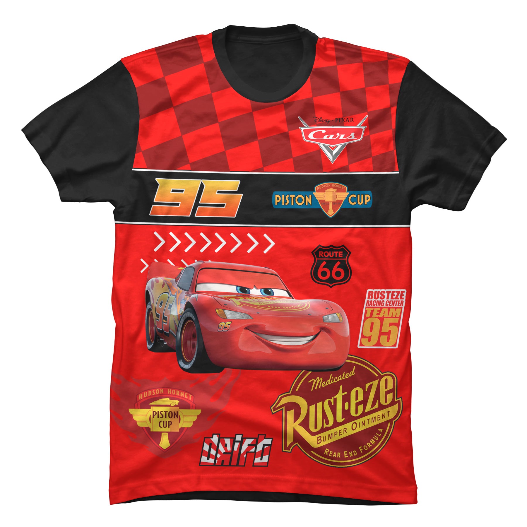 Camiseta negra de algodón para niños con el diseño gráfico central del auto de carreras Rayo McQueen de la película Cars