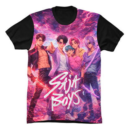 Camiseta negra Saja Boys Neón de cuello redondo y manga corta extendida sobre fondo neutro, La Camiseta Colombia