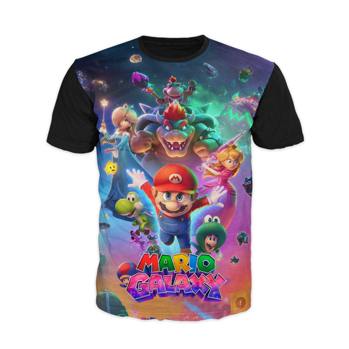 Primer plano del estampado galáctico super mario galaxy de alta definición sobre tela de algodón premium de La Camiseta.