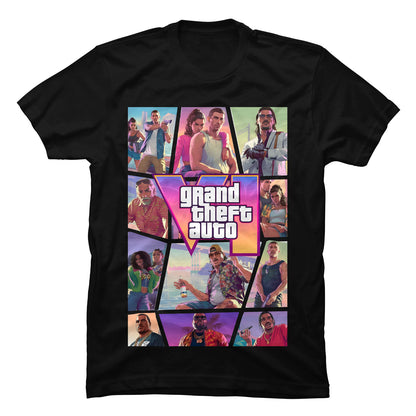 Camiseta negra en Tela Piel de Durazno 180grs con diseño gráfico a color inspirado en los personajes y portada de Grand Theft Auto GTA VI