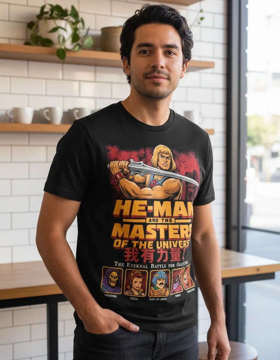 Camiseta negra premium con el diseño gráfico clásico de He-Man y los Amos del Universo (Masters of the Universe).