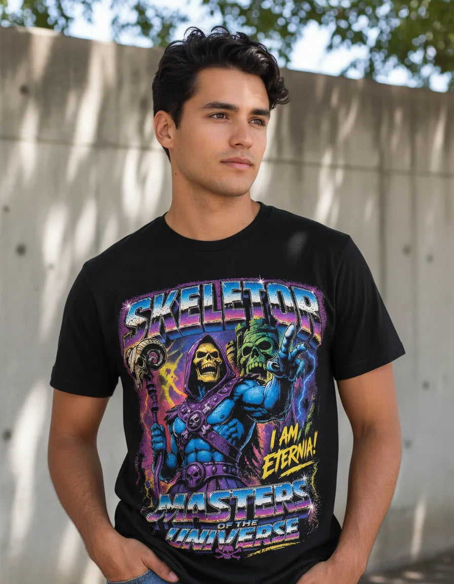 Camiseta negra de algodón premium con el diseño gráfico retro de Skeletor, el villano de los Amos del Universo (Masters of the Universe)