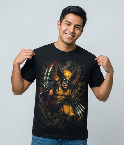 Modelo luciendo la Camiseta Wolverine Garras de Metal en un outfit urbano streetwear.