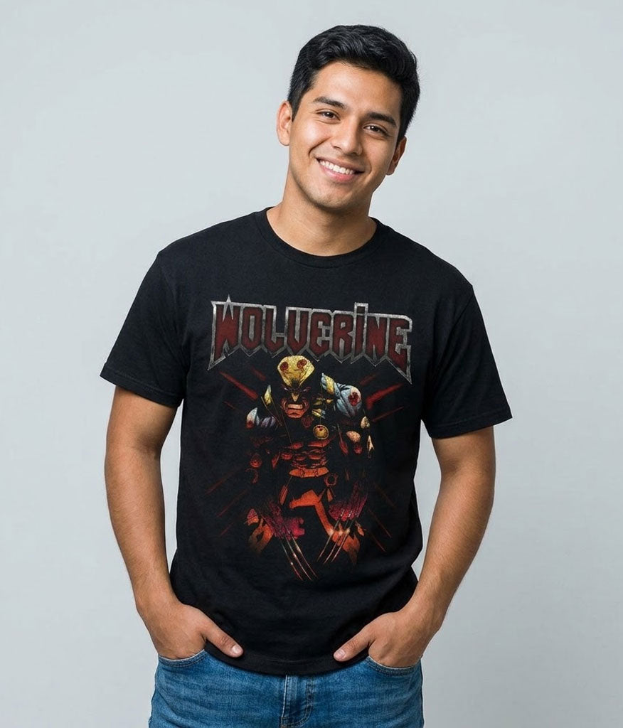 Modelo luciendo la Camiseta Sick Wolverine Marvel X-Men en un outfit urbano streetwear.