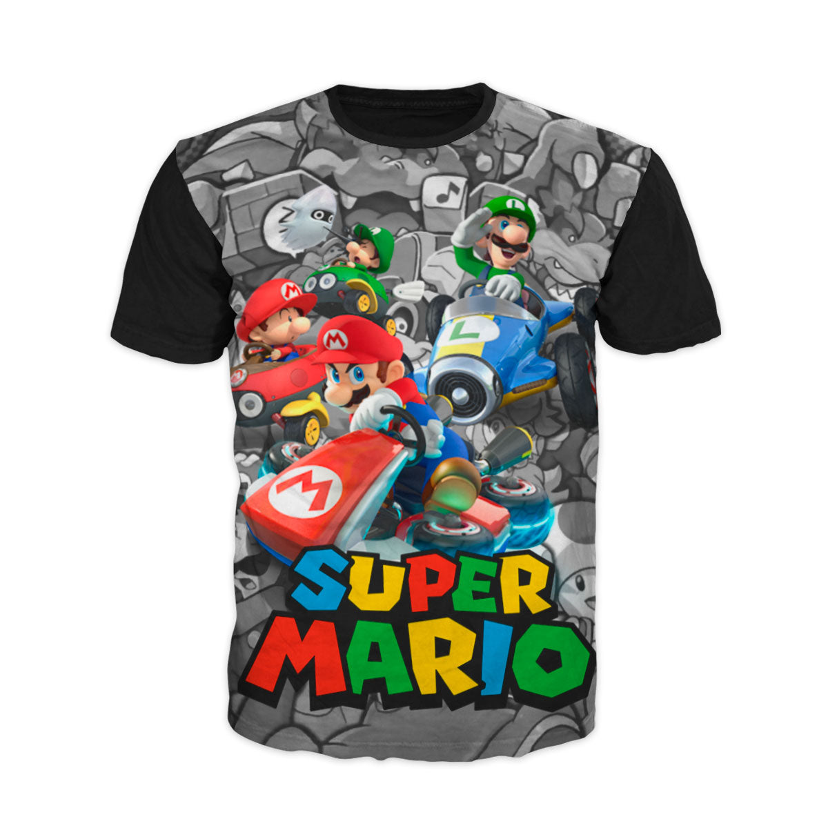 Primer plano del estampado de alta definición de Mario Kart con colores vibrantes sobre tela premium.
