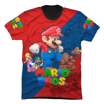 Primer plano del estampado multicolor de alta resolución con los amigos de Mario Bros sobre tela premium.