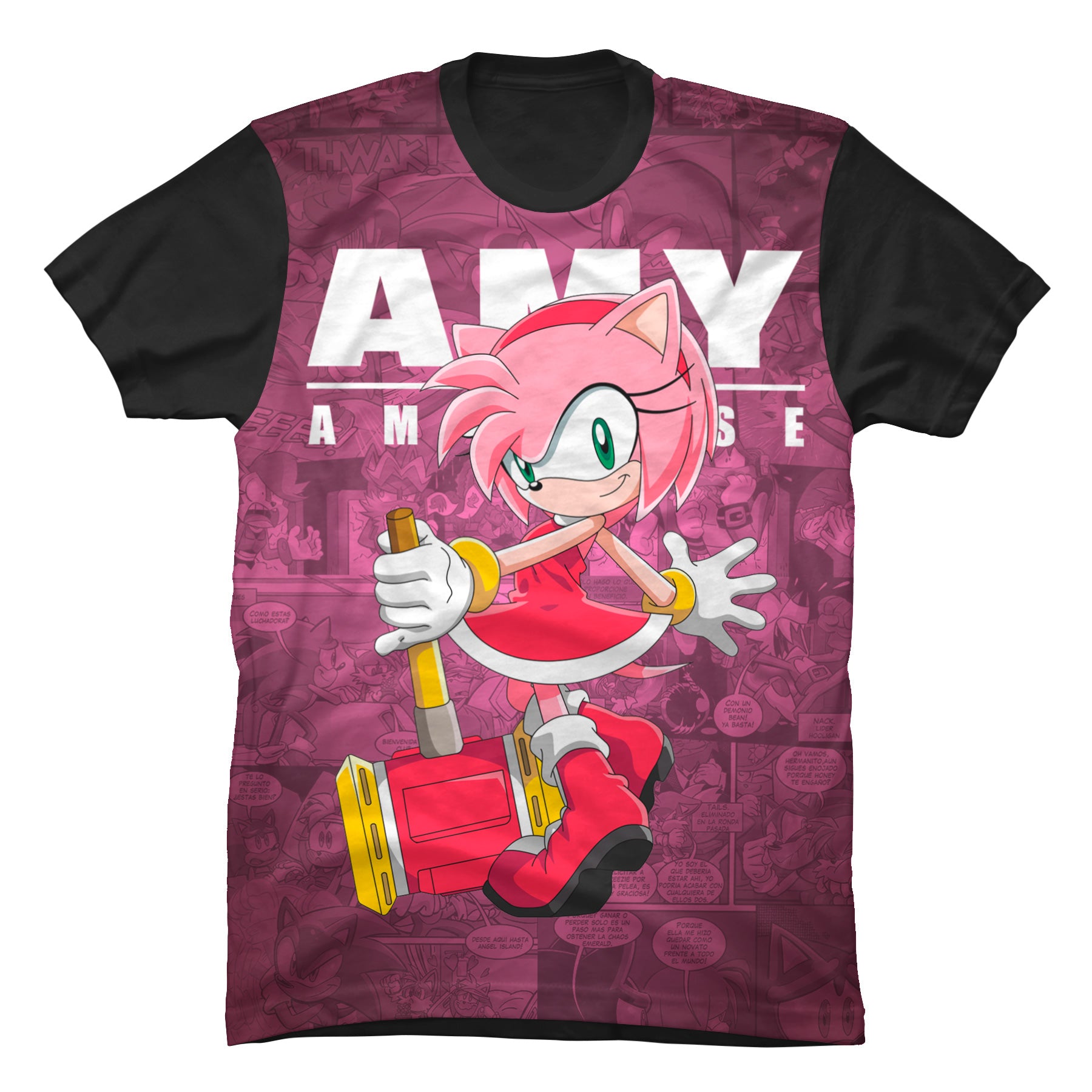 Camiseta negra de algodón para niñas con diseño de Amy Rose de Sonic the Hedgehog alzando su martillo Piko Piko