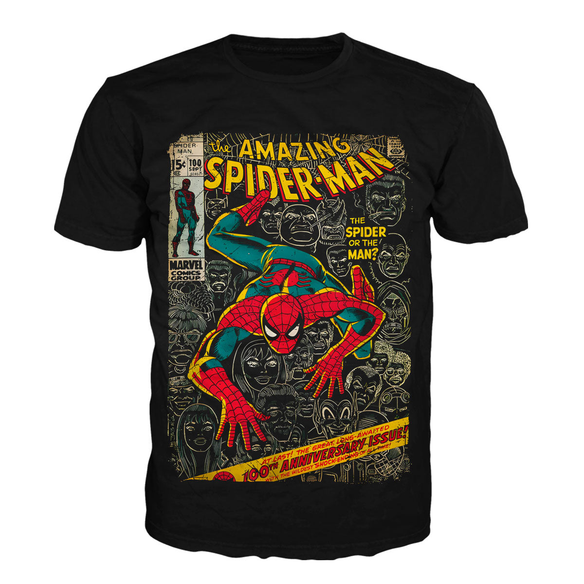 Camiseta negra en Tela Piel de Durazno 180grs con ilustración retro de la Camiseta Asombroso Hombre Araña Cómics.